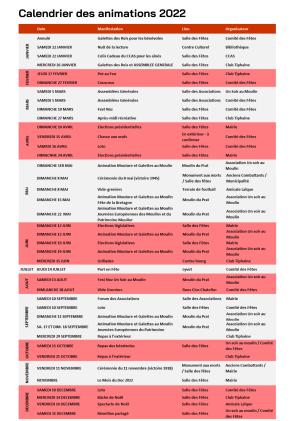 Calendrier des animations 2022
